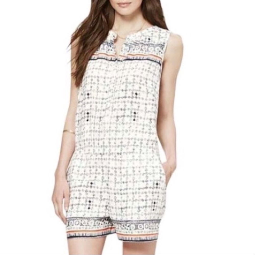 LOFT~Linen-Blend Printed Romper with Pockets~S